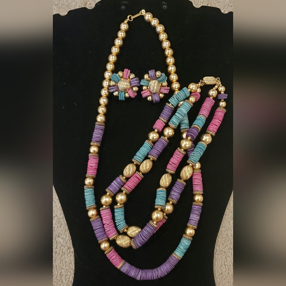 Carol Dauplaise Green, Purple and Pink Clip On Earrings and Two Necklaces